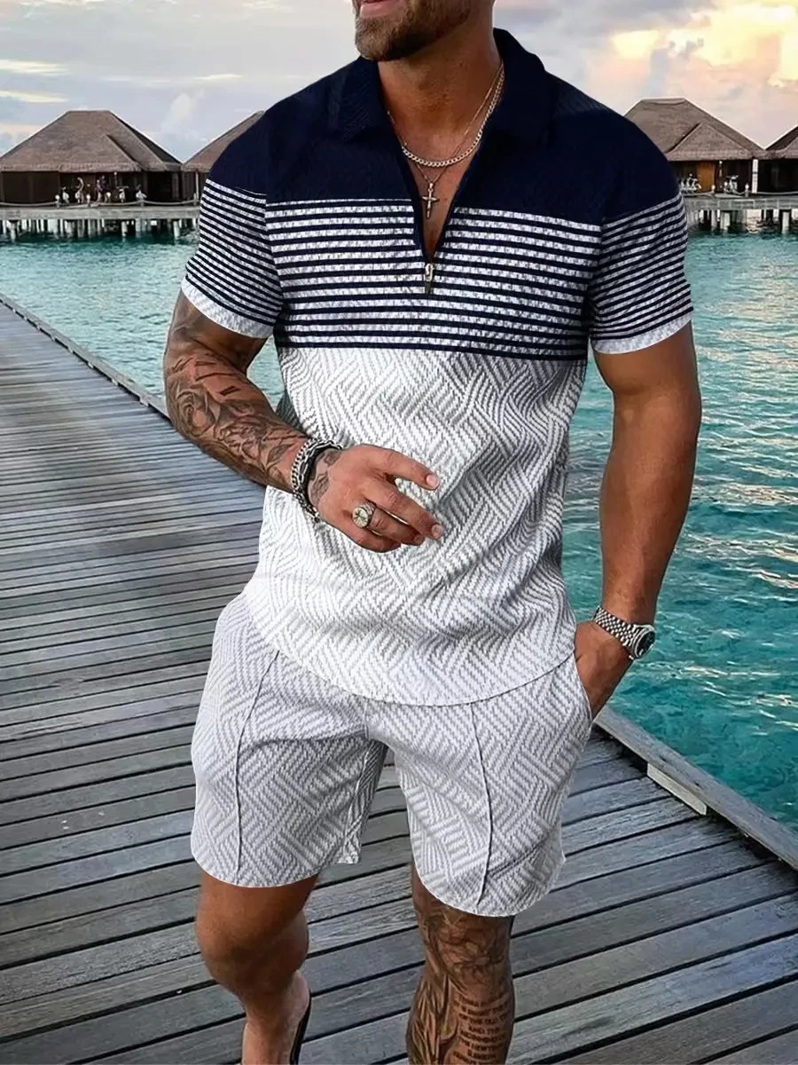 Conjunto de Polo con estampado 3D Vintage para hombre, conjunto de Polo con cremallera y solapa, cuello con cremallera y pantalones cortos, 2