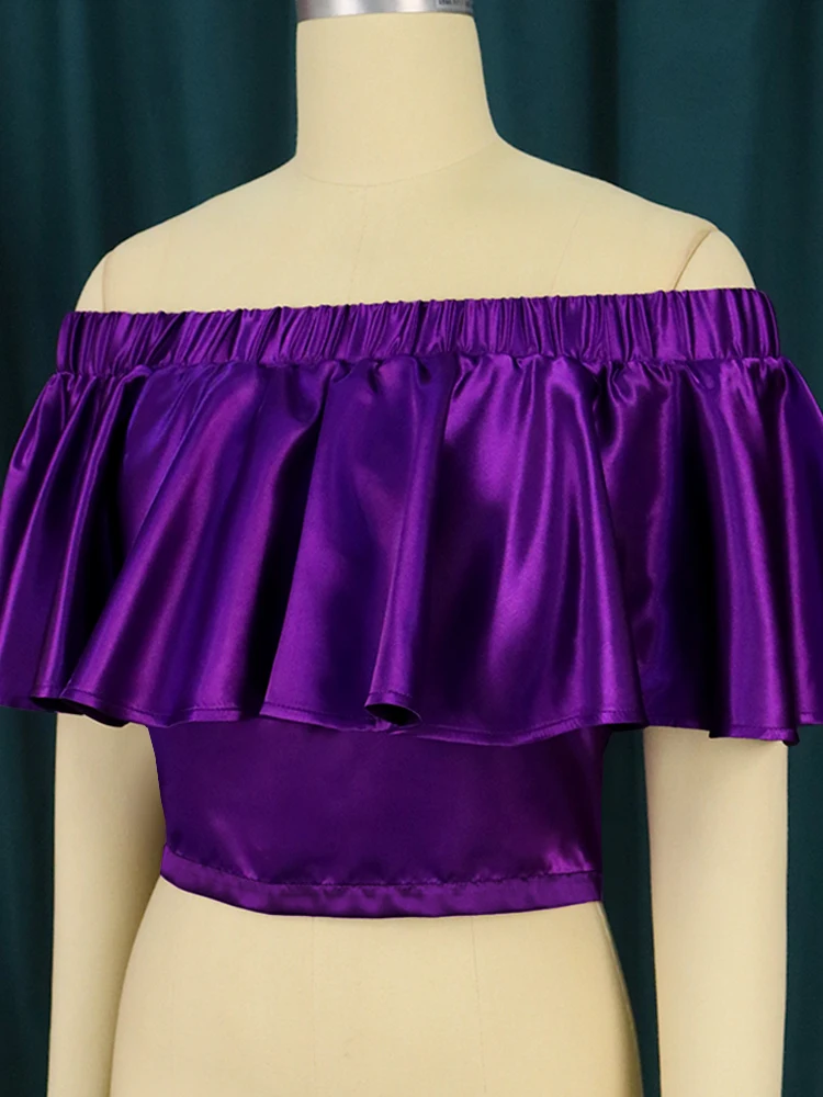 Pullover Tops Women Off Shoulder Shiny Purple Ruffles High Street Summer Blouse Evening Cocktial Event Stylish Shirts Blouses XL