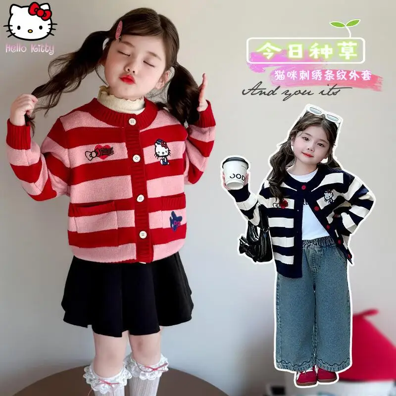 

Kawaii Sanrio, осенний детский свитер, корейское полосатое пальто с героями мультфильмов «Hello Kitty», весенний милый стильный теплый кардиган, одежда для девочек