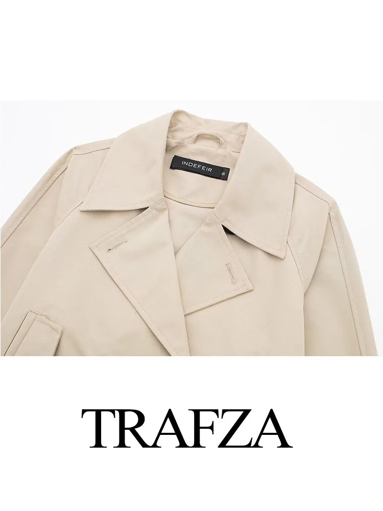 TRAFZA, gabardina corta elegante para mujer, chaqueta lisa de manga larga con doble botonadura, abrigo Vintage con diseño de bolsillo y solapa a la