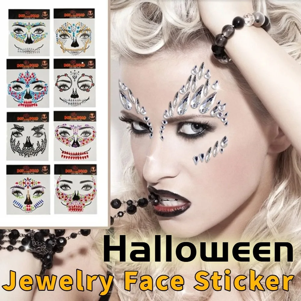 

Funny Rhinestone Face Sticker Colorful Crystal DIY Halloween Fake Tattoo Cosplay Props Clown Makeup Skull Face Sticker Body Art