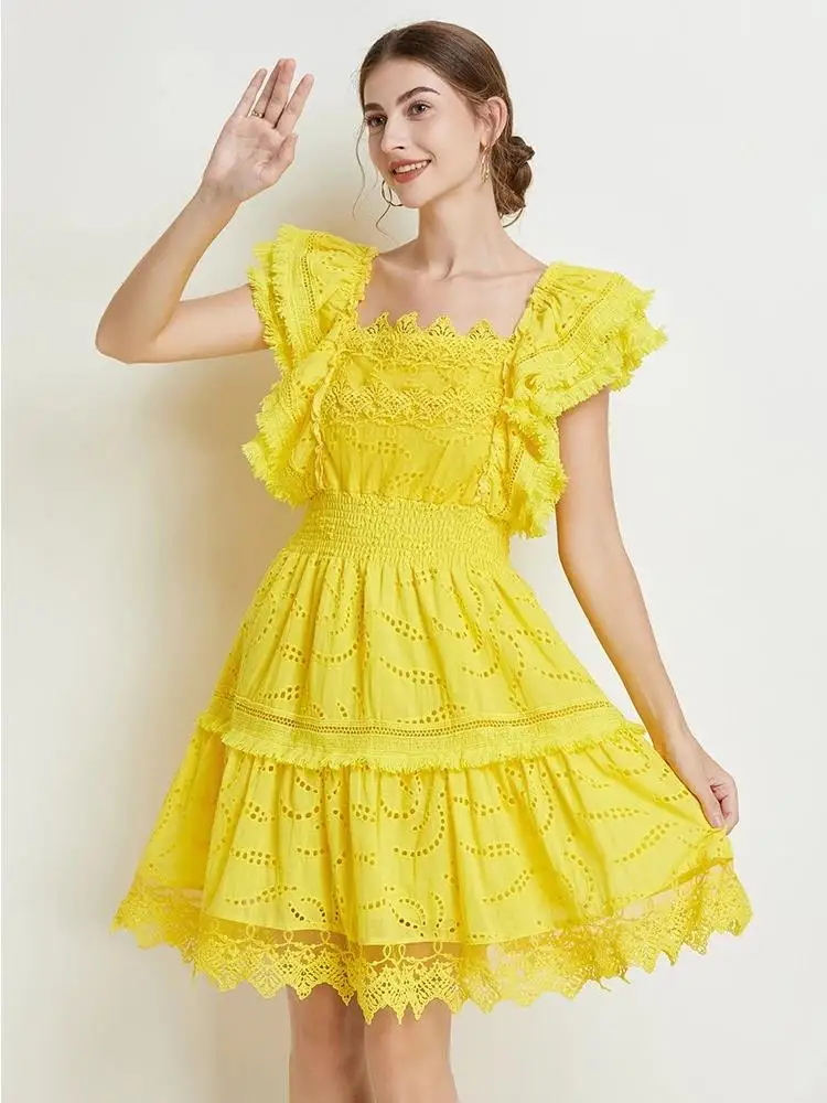 Chic Fliegen Sleeve Elastische Backless Spitze Borte Saum EINE Linie Kleid Sommer Elegante Frauen Solide Aushöhlen Stickerei Party Vestidos