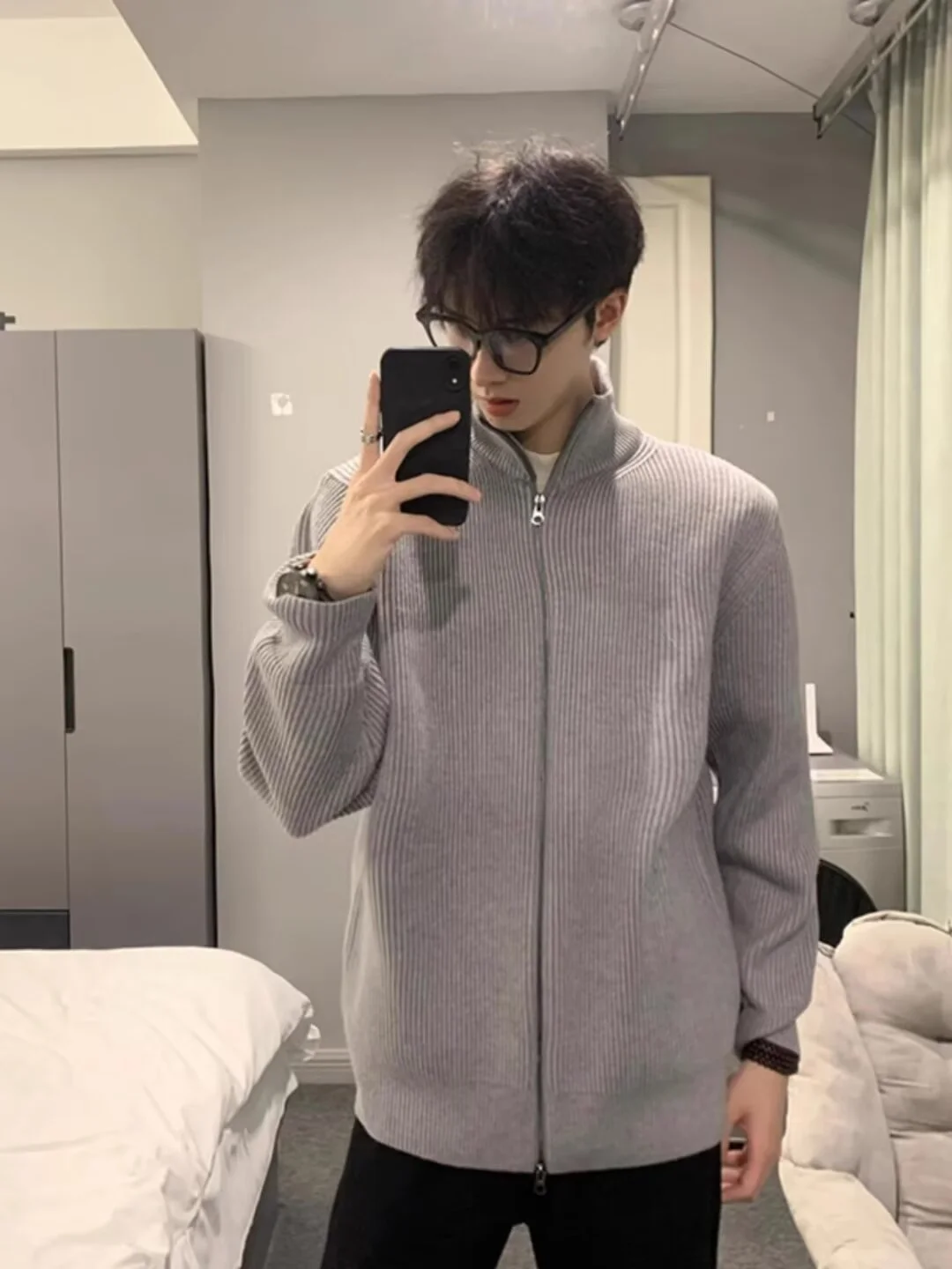 

Мужской кардиган на молнии с воротником-стойкой, осенне-зимний, в американском стиле, ретро, повседневный, вязаный, премиум-класса