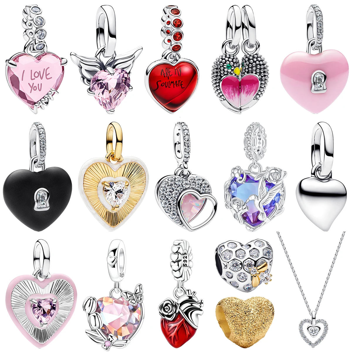 

Новые подвески-шармы из серебра S925 с эмалью и инкрустацией камнями в форме сердца, розовые, красные, черные, для ожерелий, браслетов, декоративные элементы, ювелирные изделия, подарок