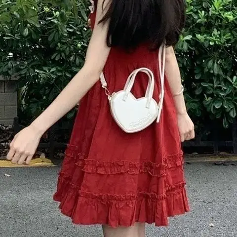 Sweet Dress Cute Red Japanese Sleeveless Ruffles Women'S Summer Kawaii Soft Girls Casual 2023 New Age Reduction Dress