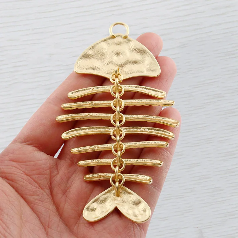 Matte Gold Color Large Hammered Fish Bone Skeleton Moveable Punk Charm Pendant for DIY Necklace Jewelry Making 103x57mm