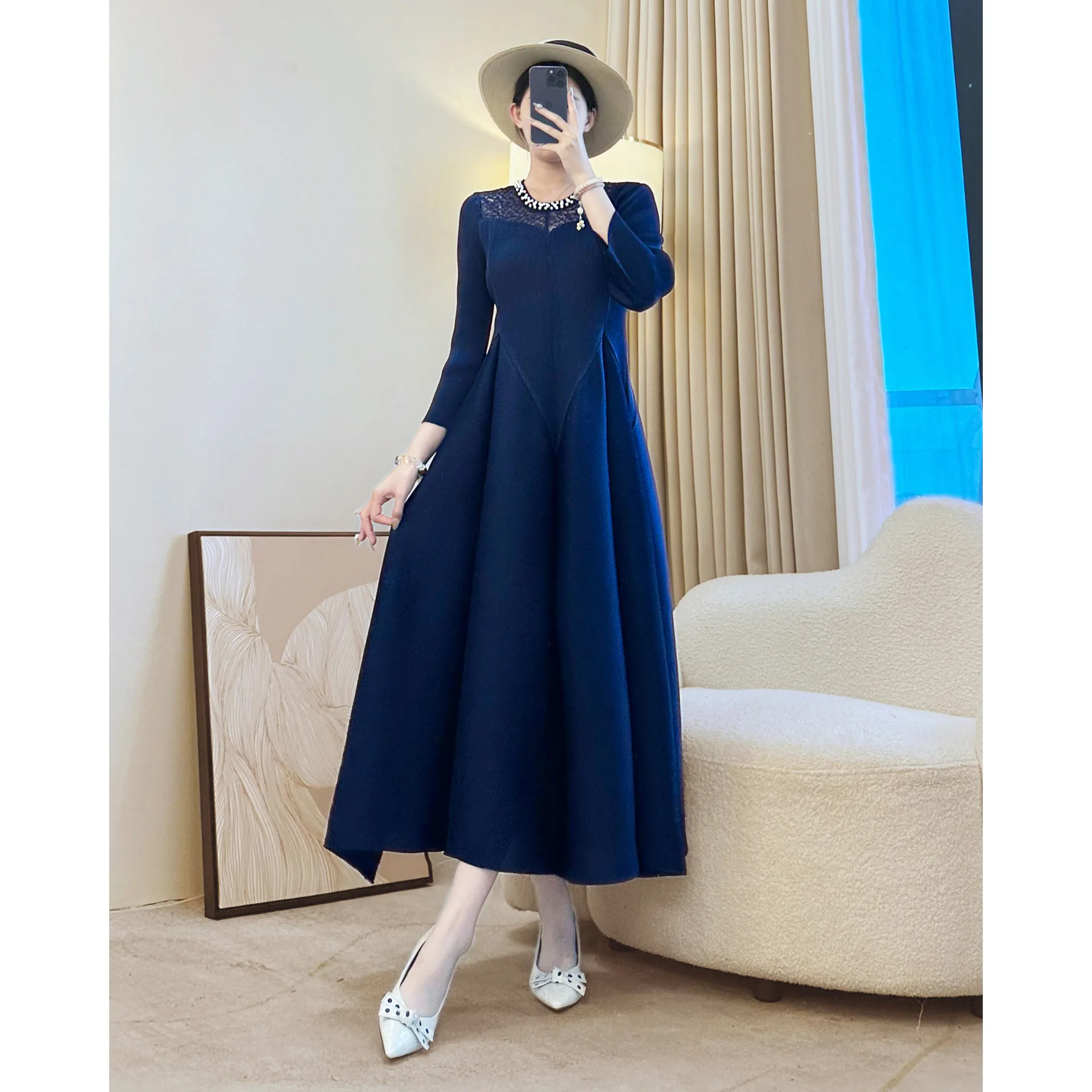 

Miyake Pleated Dress for Women in Autumn 2025 New Solid Color Round Neck Bead Long Sleeve Splicing Fashion Elegant Pleated Skirt