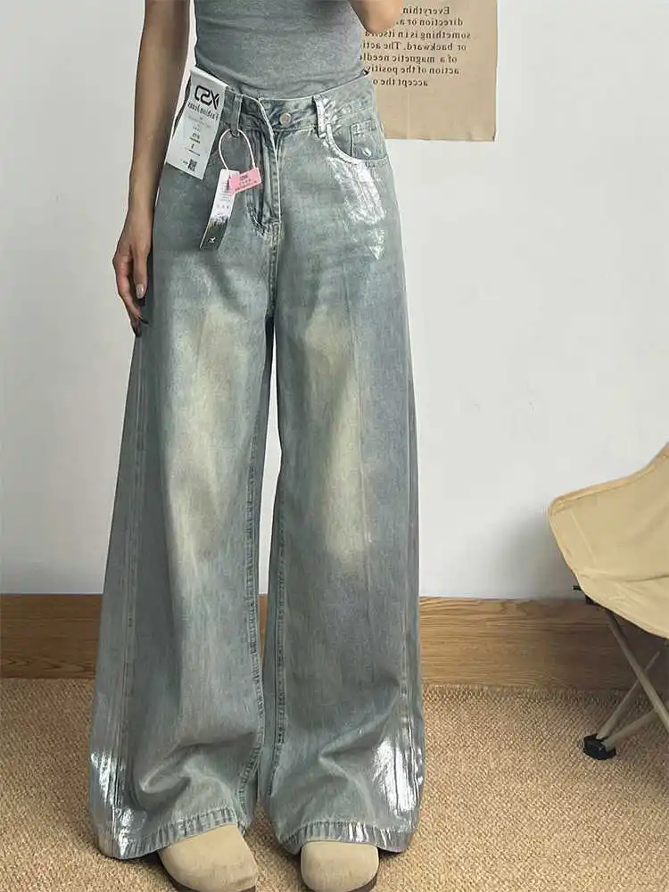 

Fashion Niche Hot Silver Jeans For Women Spring/Summer New High Waist Loose Straight Wide Leg Pants Oversized Cowgirl Pants