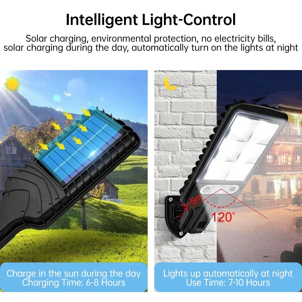 Outdoor Waterproof Solar Street Light - 3 Mode Remote Control PIR Motion Sensor Lamp - Garden Security Wall Light