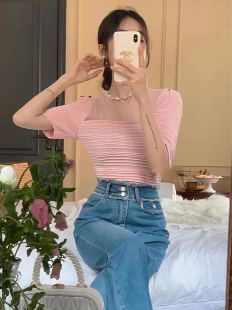 Women Blouse Slim Fashion Daily V-neck Simple All-match Puff Sleeve Elegant Creativity Sexy Korean Style Leisure Solid Lovely