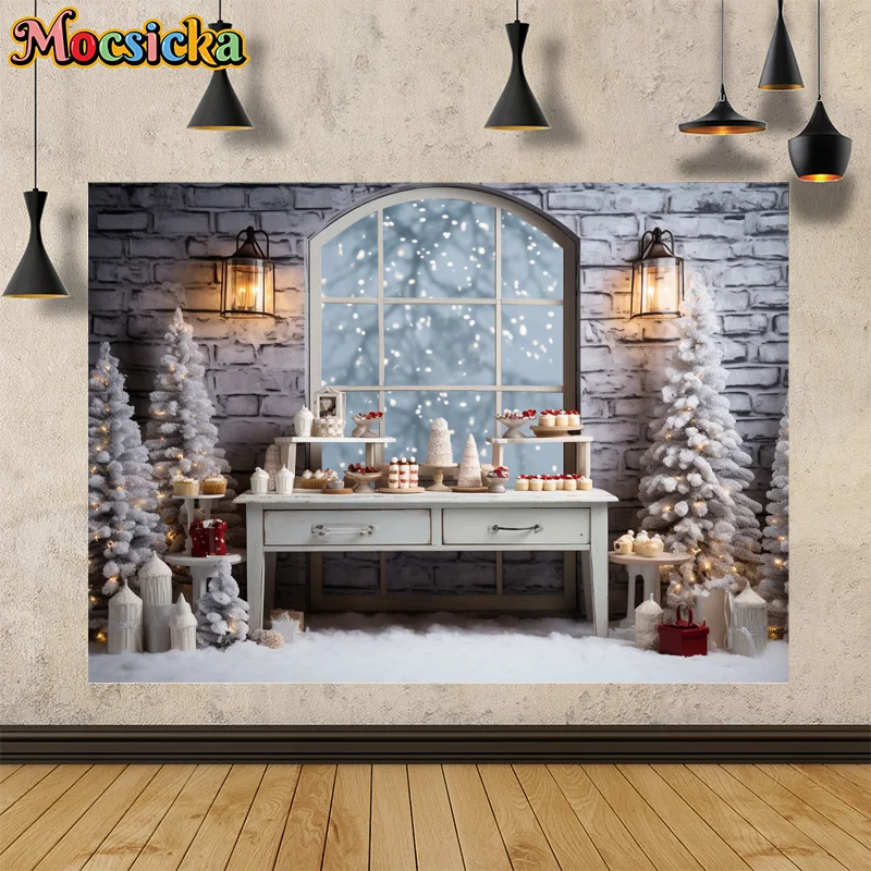 Mocsicka Photography Background Merry Christmas Dessert Xmas Tree Window View Birthday Family Portrait Cake Smash Studio Photo