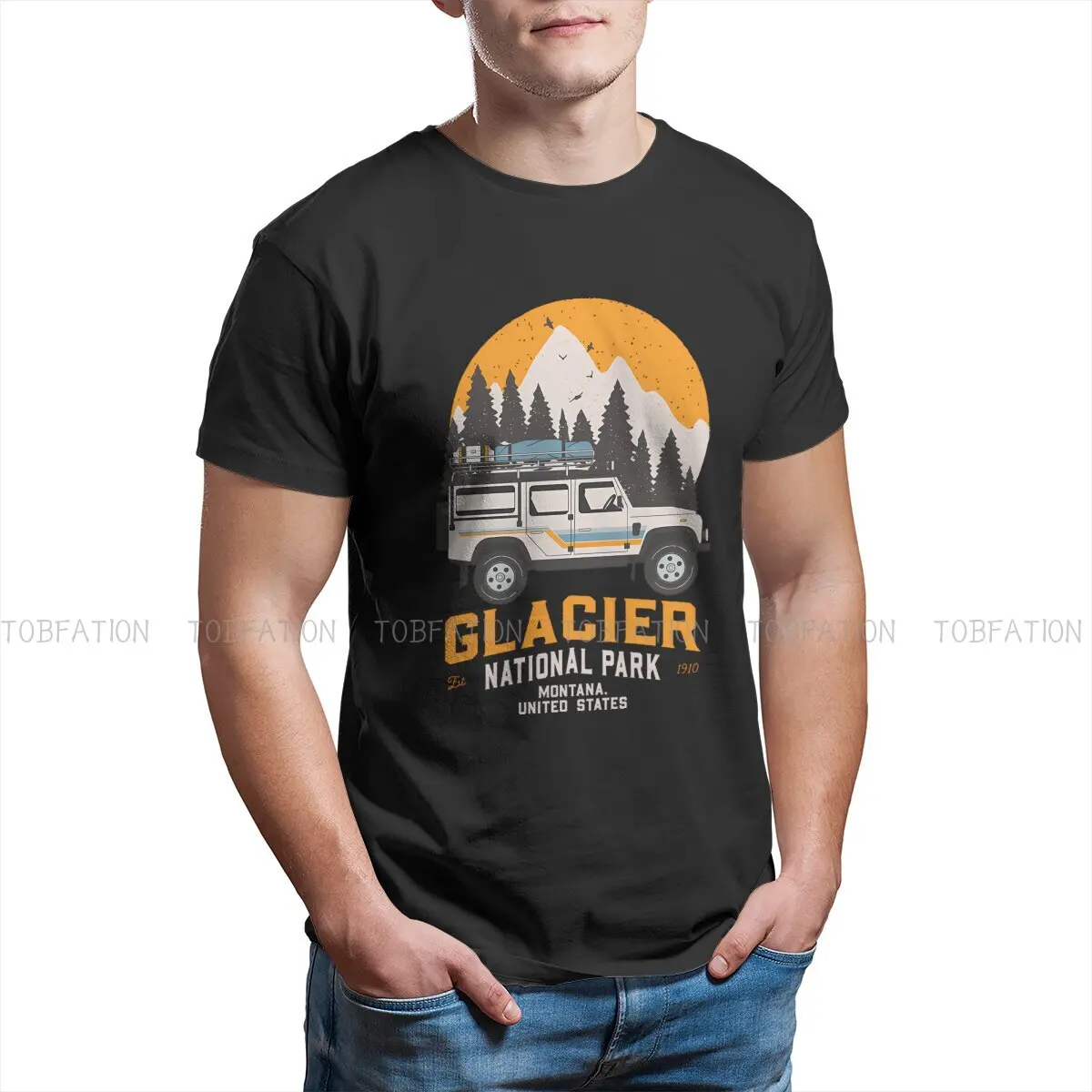 Vintage Glacier National Park Road Trip Montana Newest TShirts Camping Male Style Pure Cotton Streetwear T Shirt Round Neck