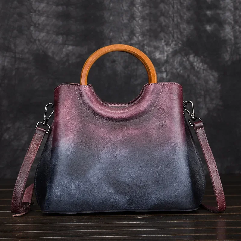 Women Vegetable Tanned Leather Crossbody Bag Hand Polished Retro Contrast Color Fashion Shoulder Purse European Style