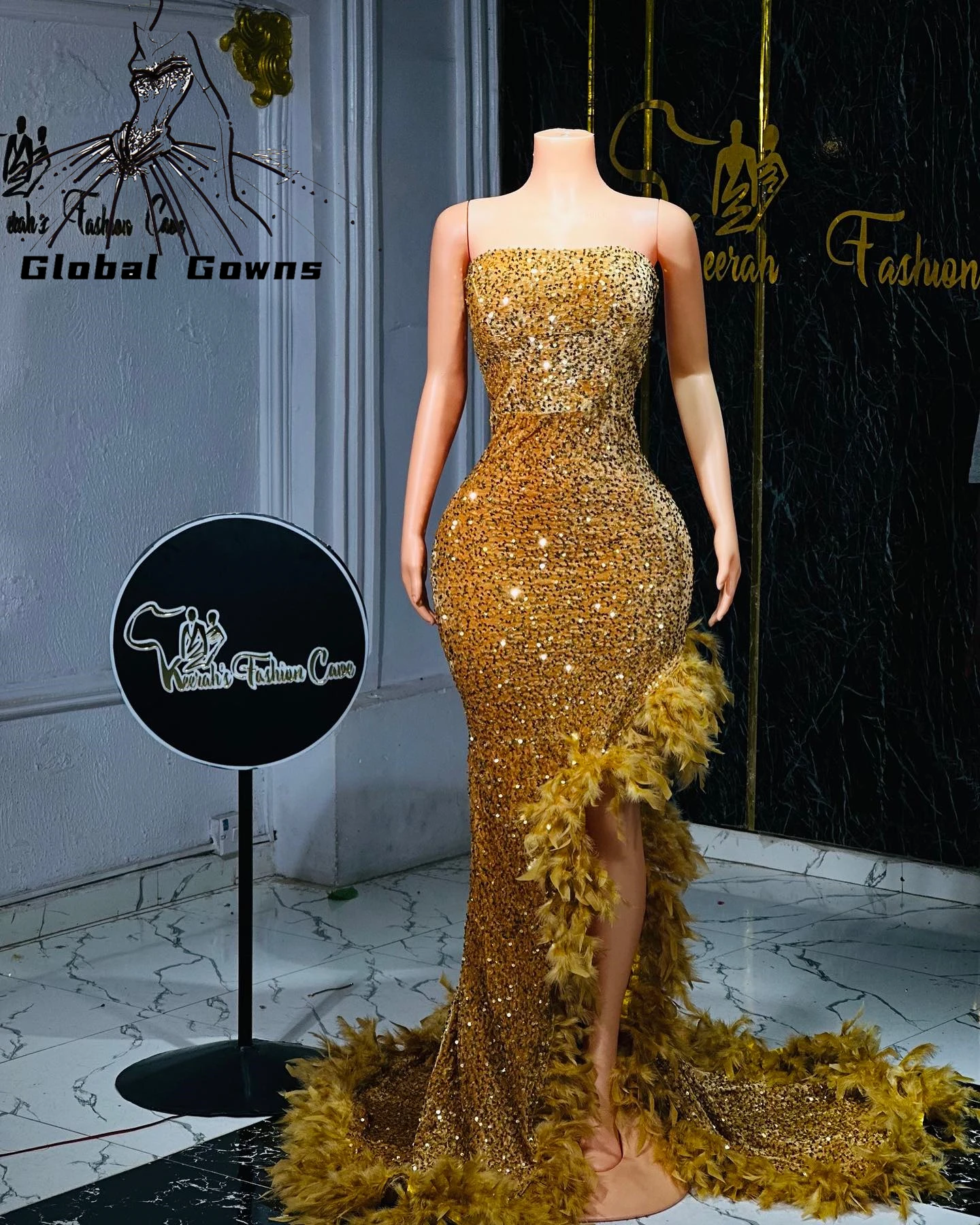 

Sparkly Gold Prom Dress Long Strapless Feathers Dress Occasion Birthday For Women Sequin vestido de graduación do Customized