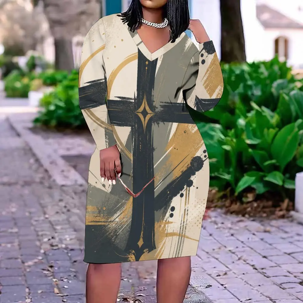 Women V Neck Long Sleeve Abstract Cross Brush Print Beige Grey Gold Knee Length Bodycon Dress