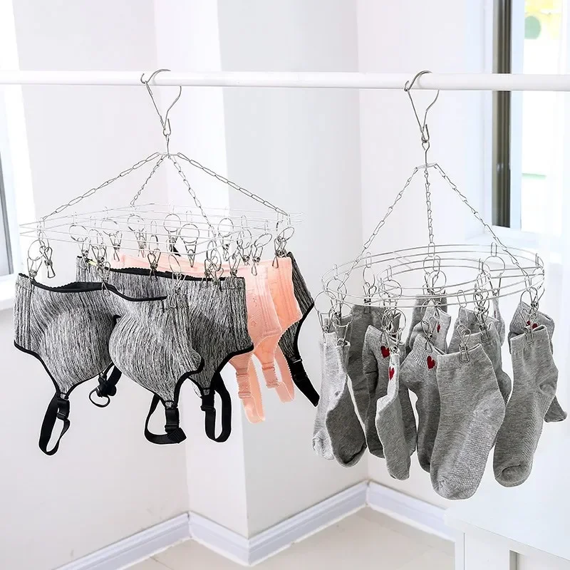 Stainless Steel Sock Rack With Thick Multi-clip Sock Drying Rack Round Clothes Hanger Multi-functional