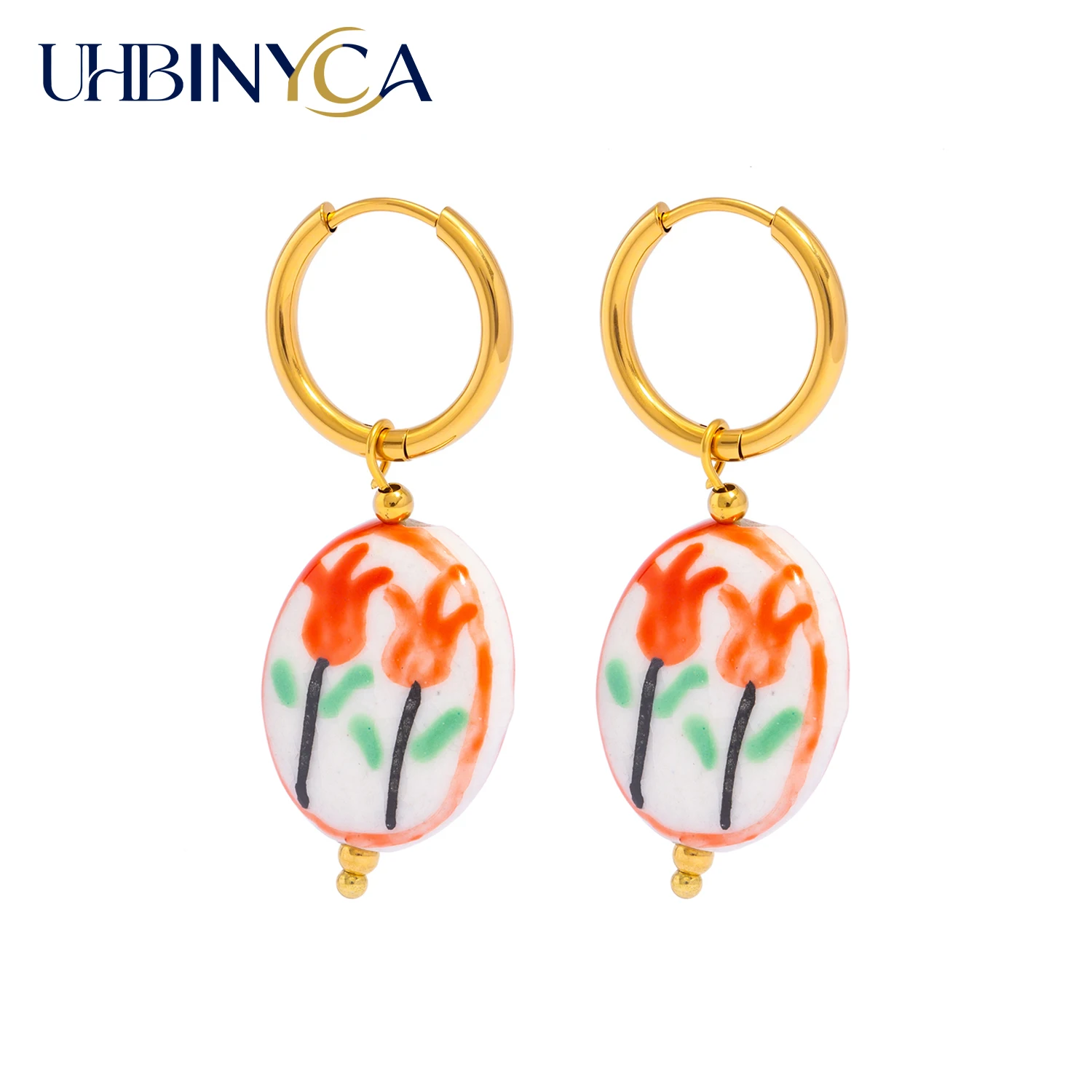 Floral Ceramic Earrings - Oval Doodle Art Pendant & Hoops, Bohemian Artistic Jewelry for Women Gift