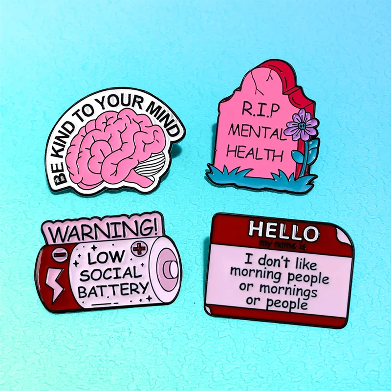 AniPins Low Social Battery Quotes Pins 4-design Funny Cartoon Words Brooch Pin For Women Men Clothes Backpack Lapel Badge Gifts