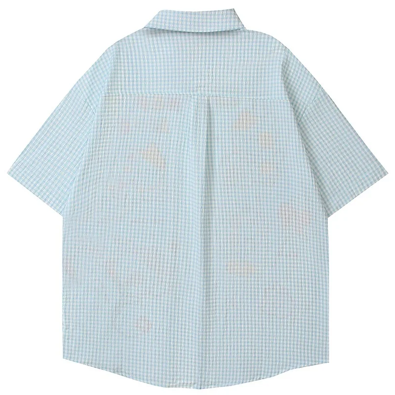 Cat Graphic Embroidery Men shirts Summer Casual Loose Short Sleeve Button Up Blouse Harajuku Oversized