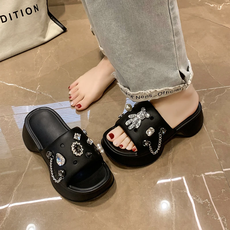 Women Summer Slippers Shine Bear Decoration Platform Sandals Outside Vacation Beach Non-Slip Slides Flip Flop Casual Shoe Female