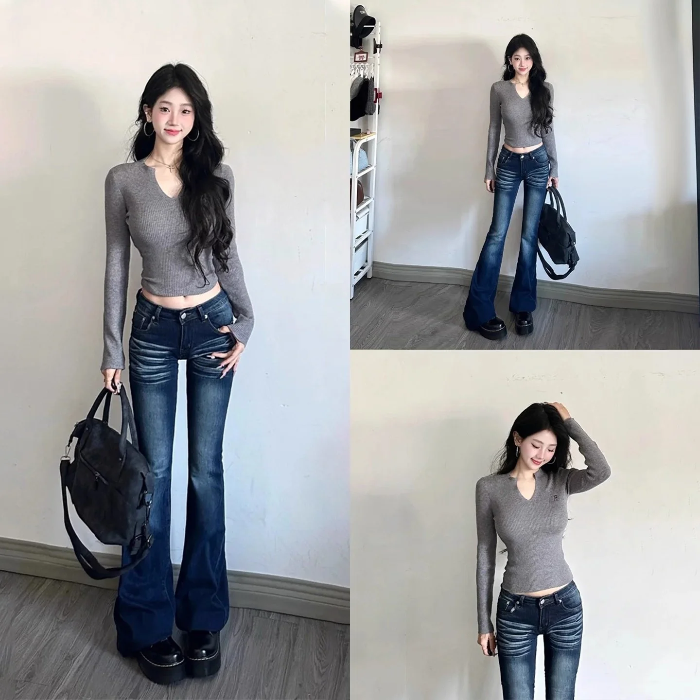 Y2K Jeans svasati a vita bassa da donna casual Autunno 2025 Pantaloni in denim vintage elasticizzati slim fit Retro Chic da indossare ogni giorno