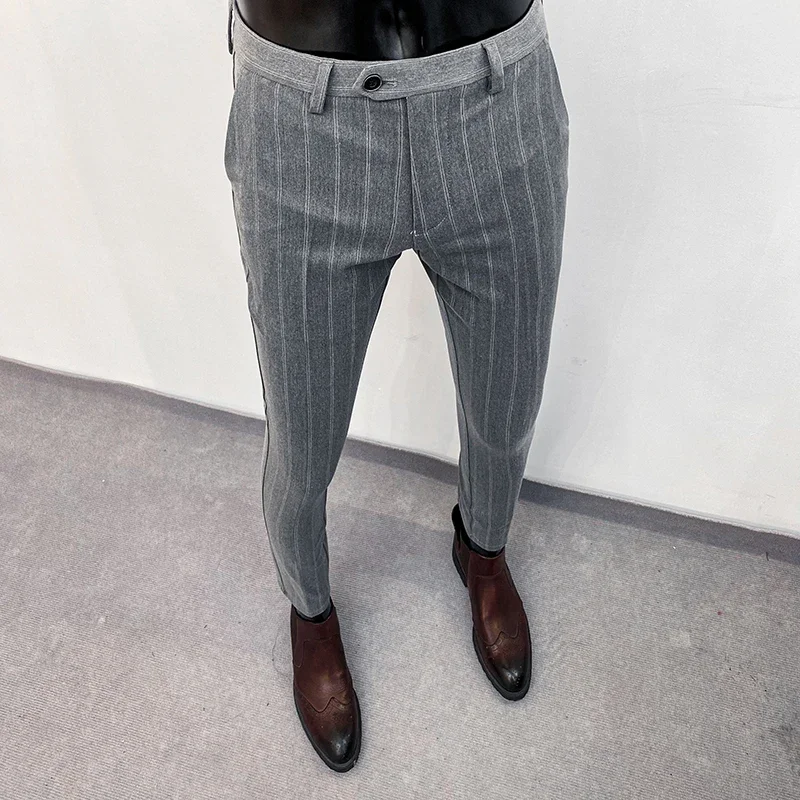 Suit Trousers for Men New High-quality Stripes Slim Dress Suit Pants Fashion Casual Mens Clothing Formal Full Length Pants