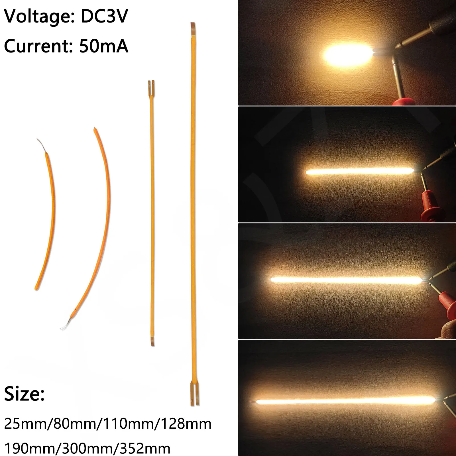 エジソン電球用フィラメントランプ部品,LEDチップ,フレキシブルダイオード,dc3v,25mm, 80mm, 110mm, 128mm, 130mm, 300mm, 352mm