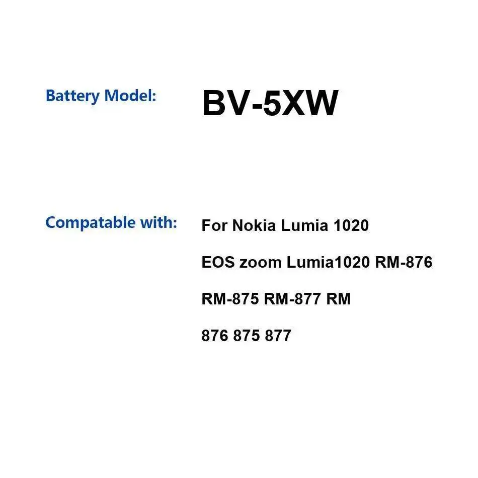 

Прочный аккумулятор для мобильного телефона BV-5XW 2000 мАч для Nokia Lumia 1020 Eos Zoom Lumia1020 RM-876 RM-875 RM-877 RM 876 875 877