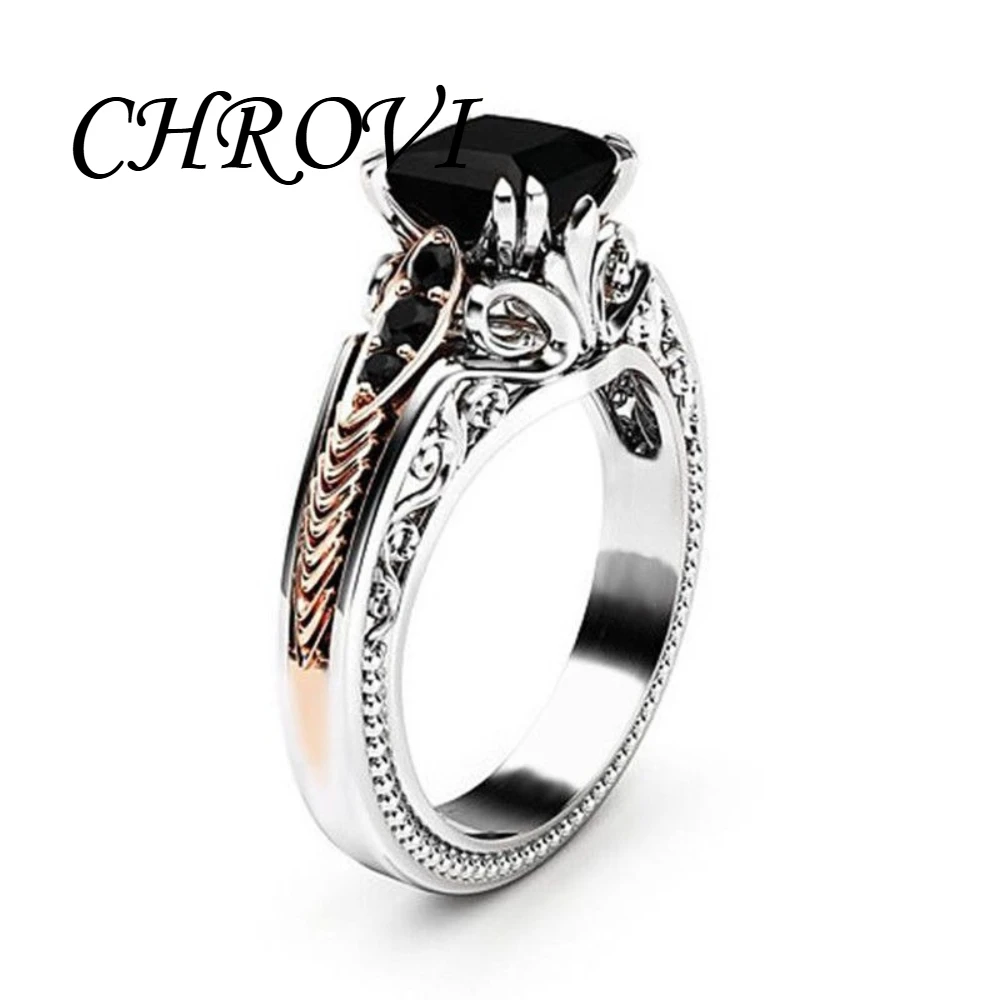 Luxury-Style 925 Sterling Silver Fashion Set with Black Square Diamonds Princess Ring - Engagement Ring for Ladies