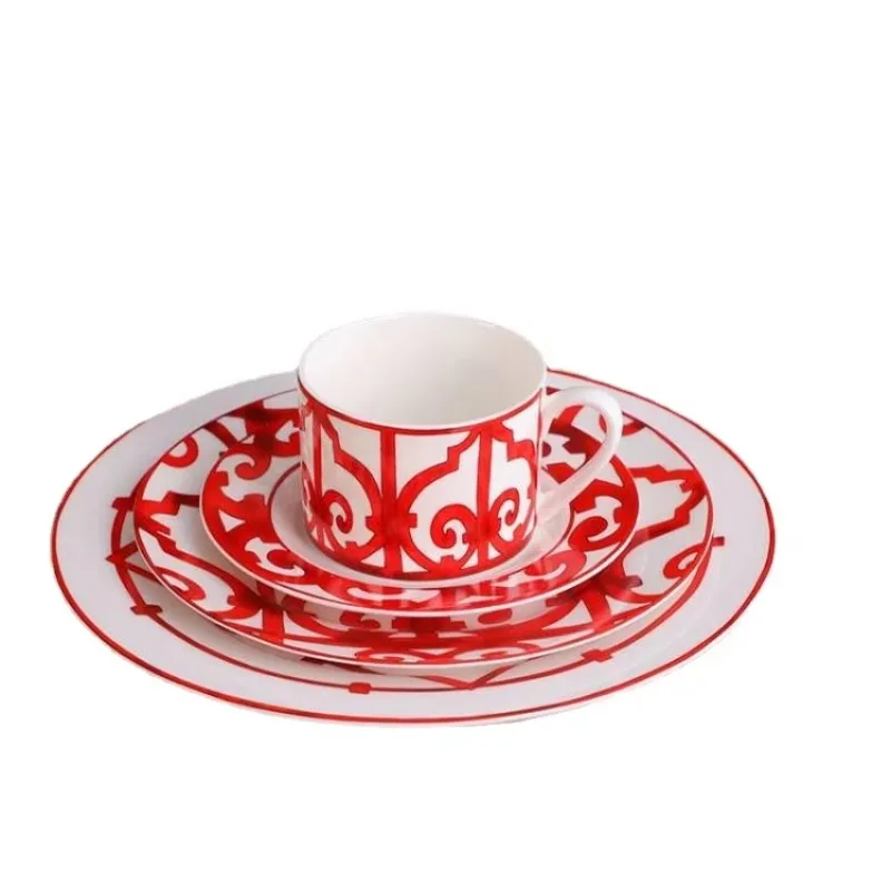 Juego de vajilla roja china, España auspiciosa, platos de pescado de porcelana de hueso de la serie balcón, cuencos de arroz