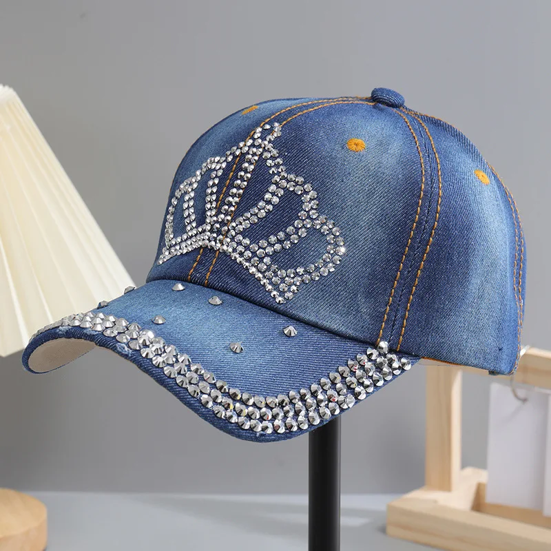 Women  Autumn  Crown Cotton Denim Baseball Caps Girls  Diamond Bling Bling Snapback Hat