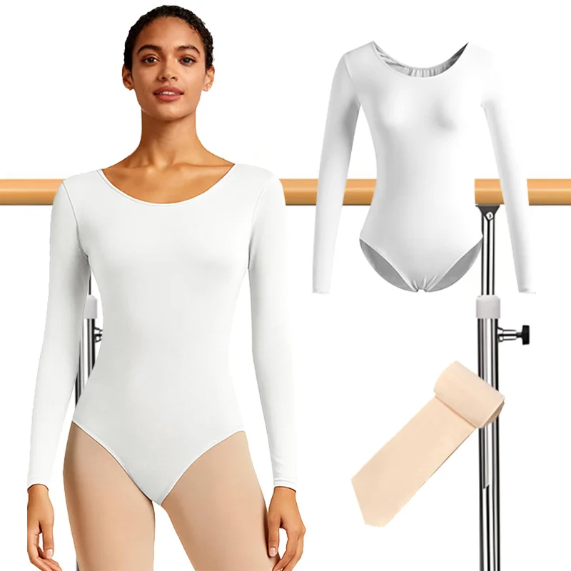 Women's 2Pcs Team Basic Long Sleeve Ballet Dance Leotards for Adult Gymnastics Dance Set with Lining and Dance Tights Socks