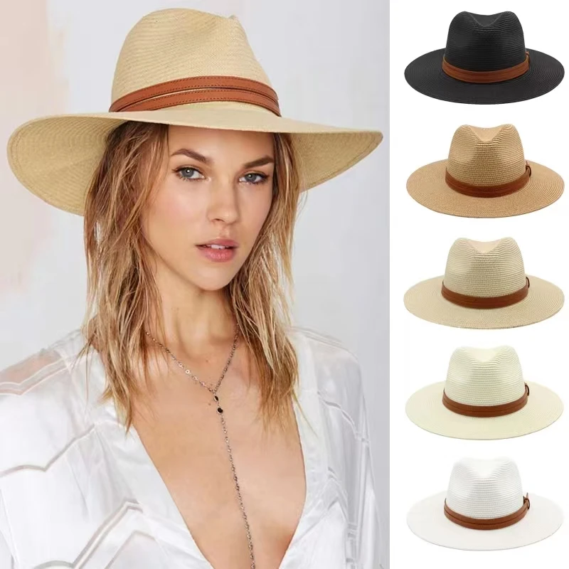 Sombrero de paja de Panamá Natural para hombre y mujer, sombrero de ala ancha con protección UV para playa, venta al por mayor, talla grande 56-58,