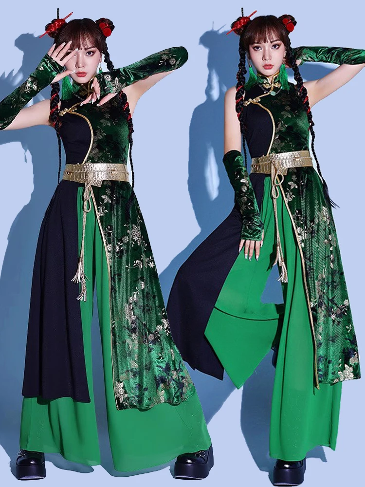 

Green Dance Costume Set Women's Performance Outfit Kpop Girl Group Stage Clothes Jazz Dance Show Suit Ethnic Trend Streetwear