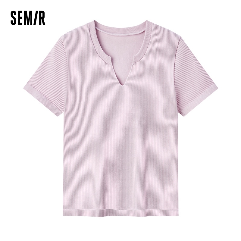  Semir Women's Simple Solid Color Short Sleeve Top Slimming V-Neck Base Soft and Gentle Wearable Top 