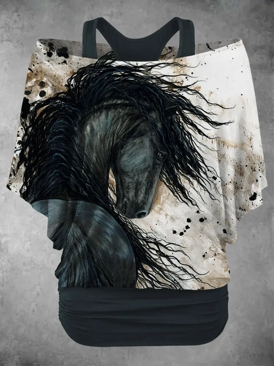 PLstar Cosmos 3D Printed Indigenous Style Horse Pattern Faux Two-Piece Top, Women's Casual T-Shirt, Harajuku Street Style-4