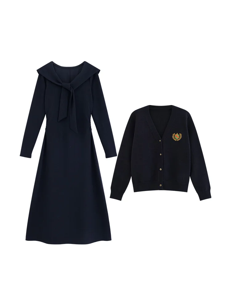 Elegant Casual Navy Collar Dress Long Sleeve Slim Fit Midi Outfit High Waist Vintage A-line Fashion Dress Women Spring Autumn
