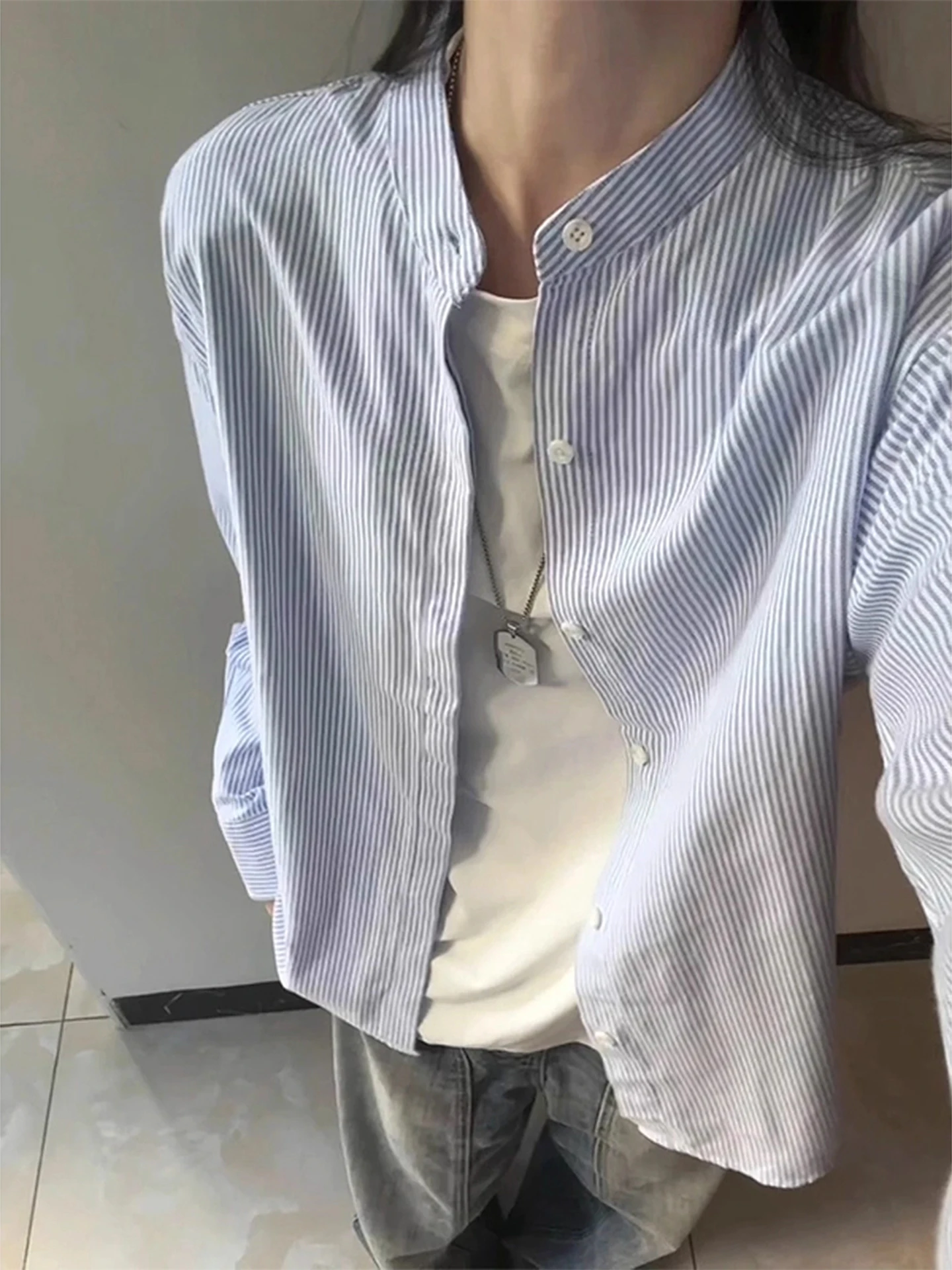 

Blue White Striped Long Sve Henry Collar Men's irt Autumn Cleanfit Lazy Sle Japanese Retro Layered Coat Outerwear