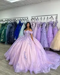Lilac Ball Gown Quinceanera Dresses for Teen 18 Tulle Off the Shoulder Puffy Hand Made Flowers Prom Dresses Gowns Customized