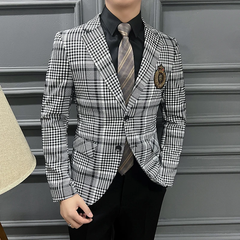 Brand Clothing Men Spring Plaid Suit Jackets/Male Slim Fit Fashion High Quality Casual Blazers New Style Man Luxury Tuxedo 5XL-M