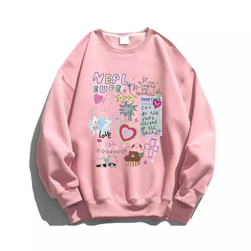 Autumn Winter New Women's Sweet Cute Cartoon Graffiti Print Gray Sweatshirt American Retro Pink Round Neck Velvet Casual Top