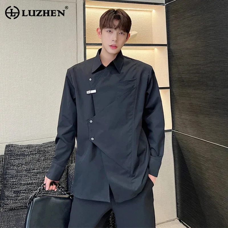 

LUZHEN Metal Buckle Personalized Splicing Design Trendy Long Sleeve Shirts Original Korean Elegant Handsome Men's Blouses LZ4651