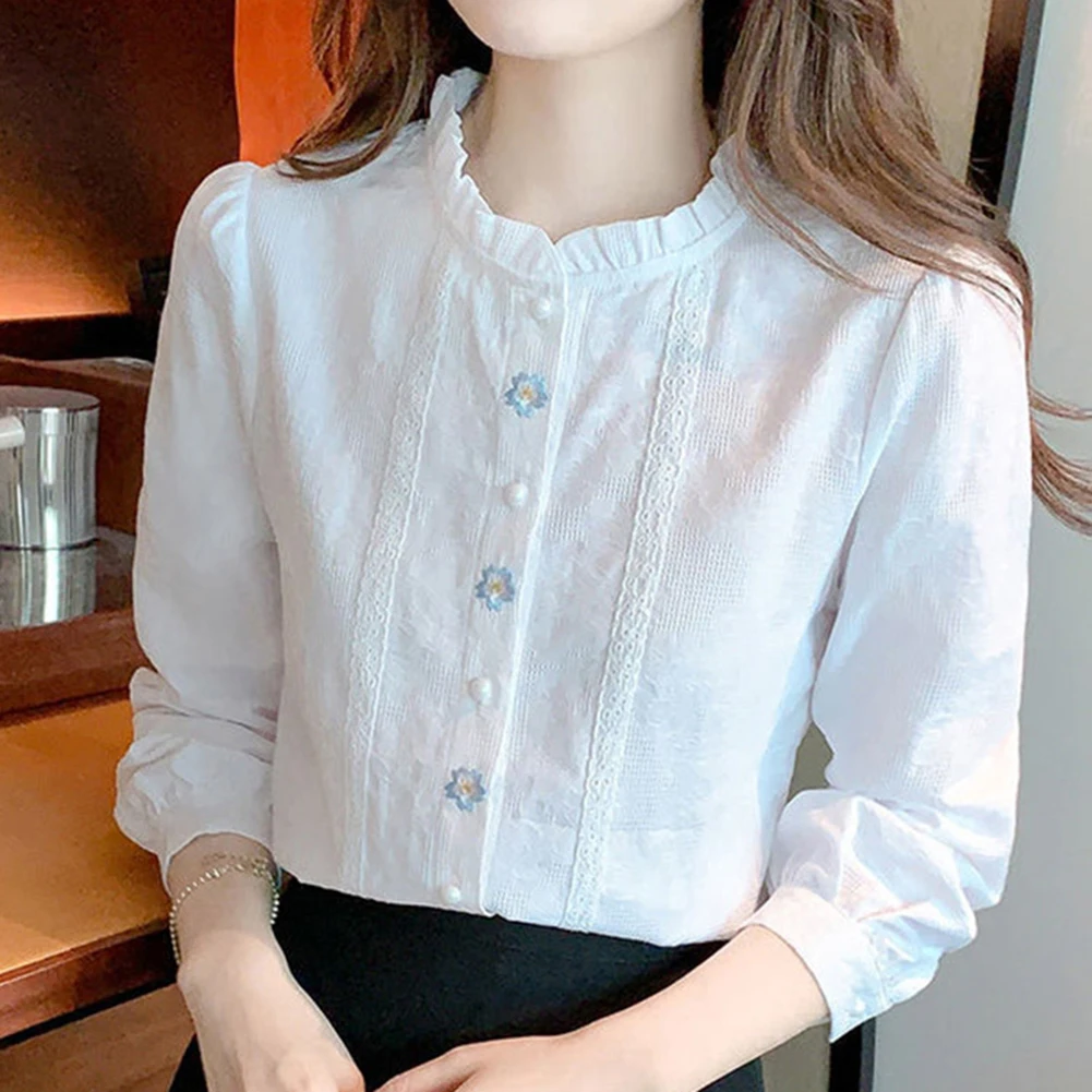 Chemise décontractée pour tous les jours, chemise brodée, vêtements de printemps et d'automne, chemise brodée bleue pour femmes, tissu en polyester