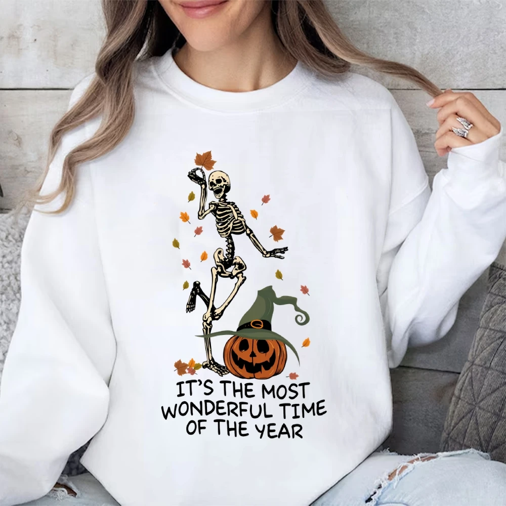 Pumpkin Dancing Skeleton Maple Leaf Halloween Long Sleeve Top Its The Most Wonderful Time Sweatshirt Womens Halloween Pullovers