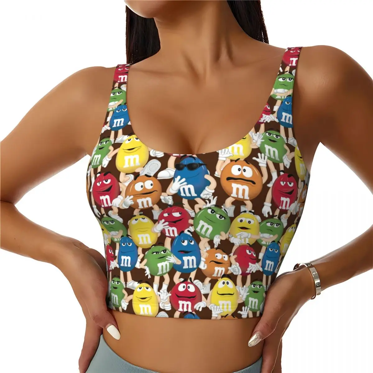 

Custom M&M Candy Characters Logo Sports Bra for Women Cartoon Chocolate High Impact Workout Yoga Crop Top