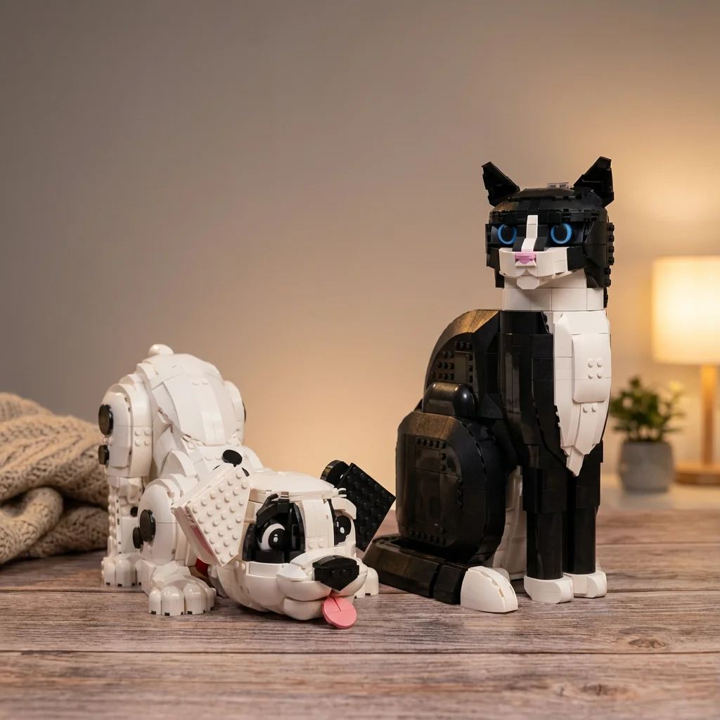 โมเดลใหม่ปี 2026 43269 ตุ๊กตาการ์ตูนลูกสุนัข 21349 แมวเสื้อโค้ทหางยาว DIY ของขวัญสร้างสรรค์แบบกำหนดเอง 43243 สิงโตแสนน่ารัก คุยตี้ 40824, ของตกแต่ง