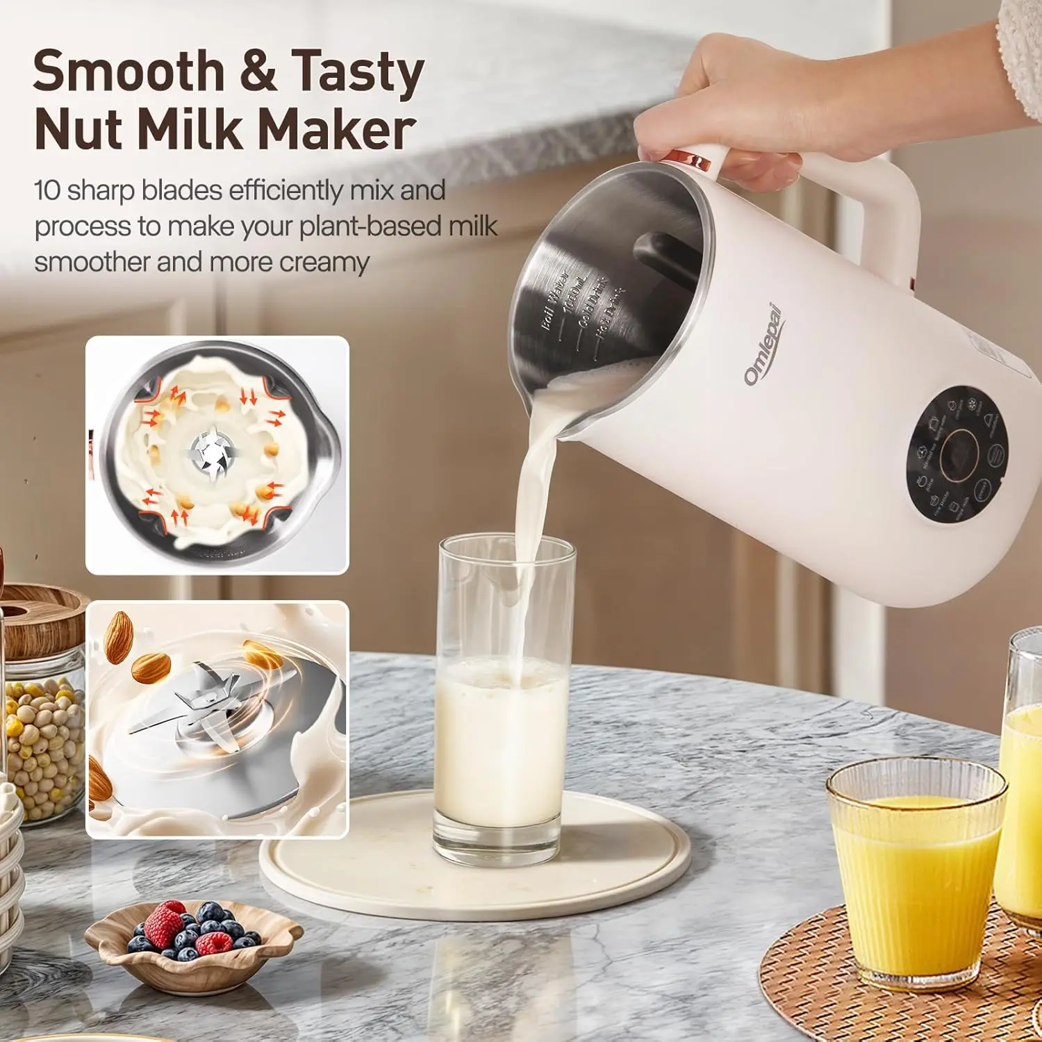 ماكينة صنع حليب الجوز الأوتوماتيكية، 35 أونصة لوز محلي الصنع، الصويا، الشوفان، جوز الهند، الأرز، الحليب النباتي والمشروبات الخالية من الألبان، الصويا