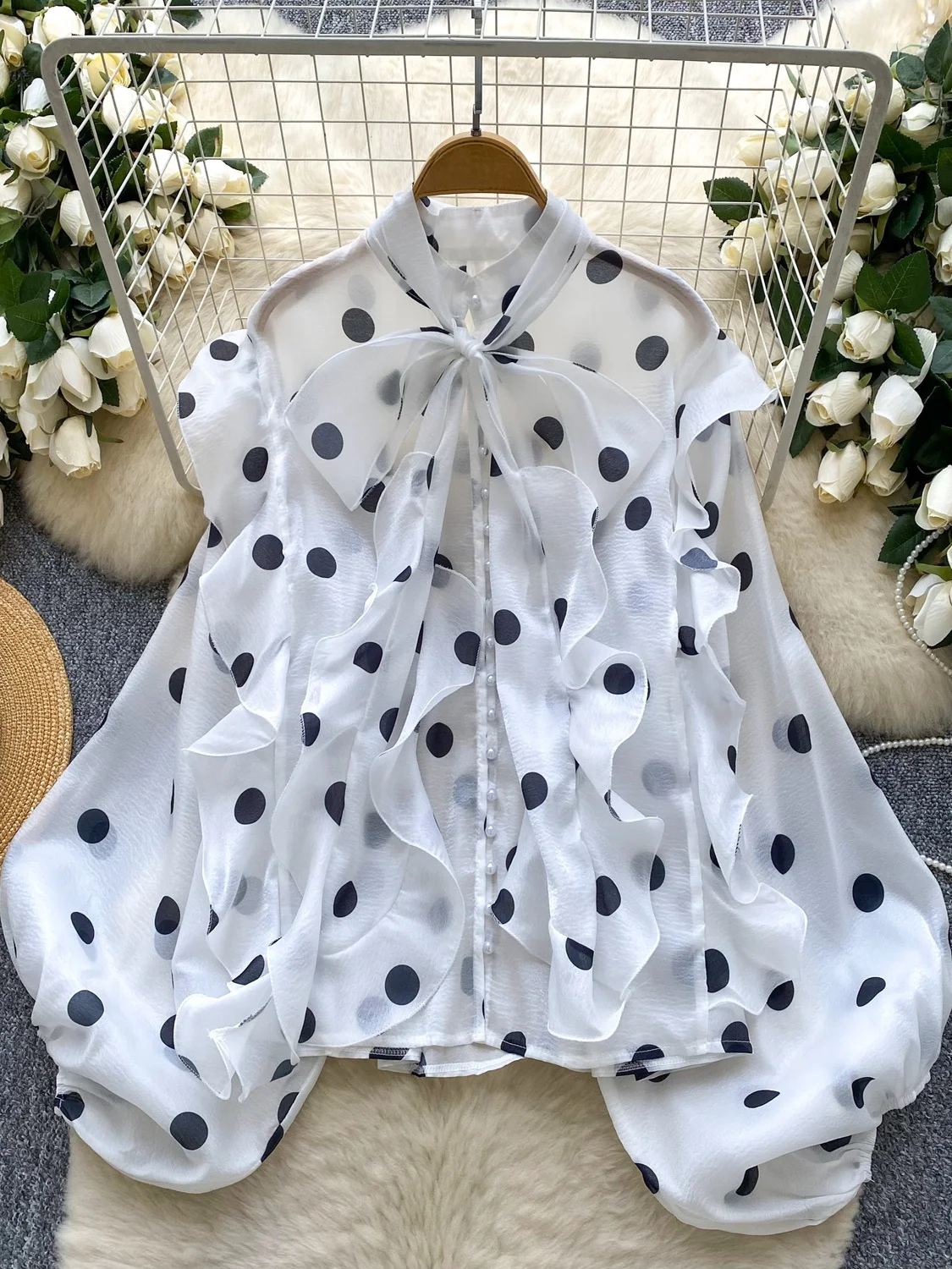 Casual Loose Polka Dot irt Women's Korean Sle  Knot Lantern Sve Me Top Flowing Light Summer Commute Faion
