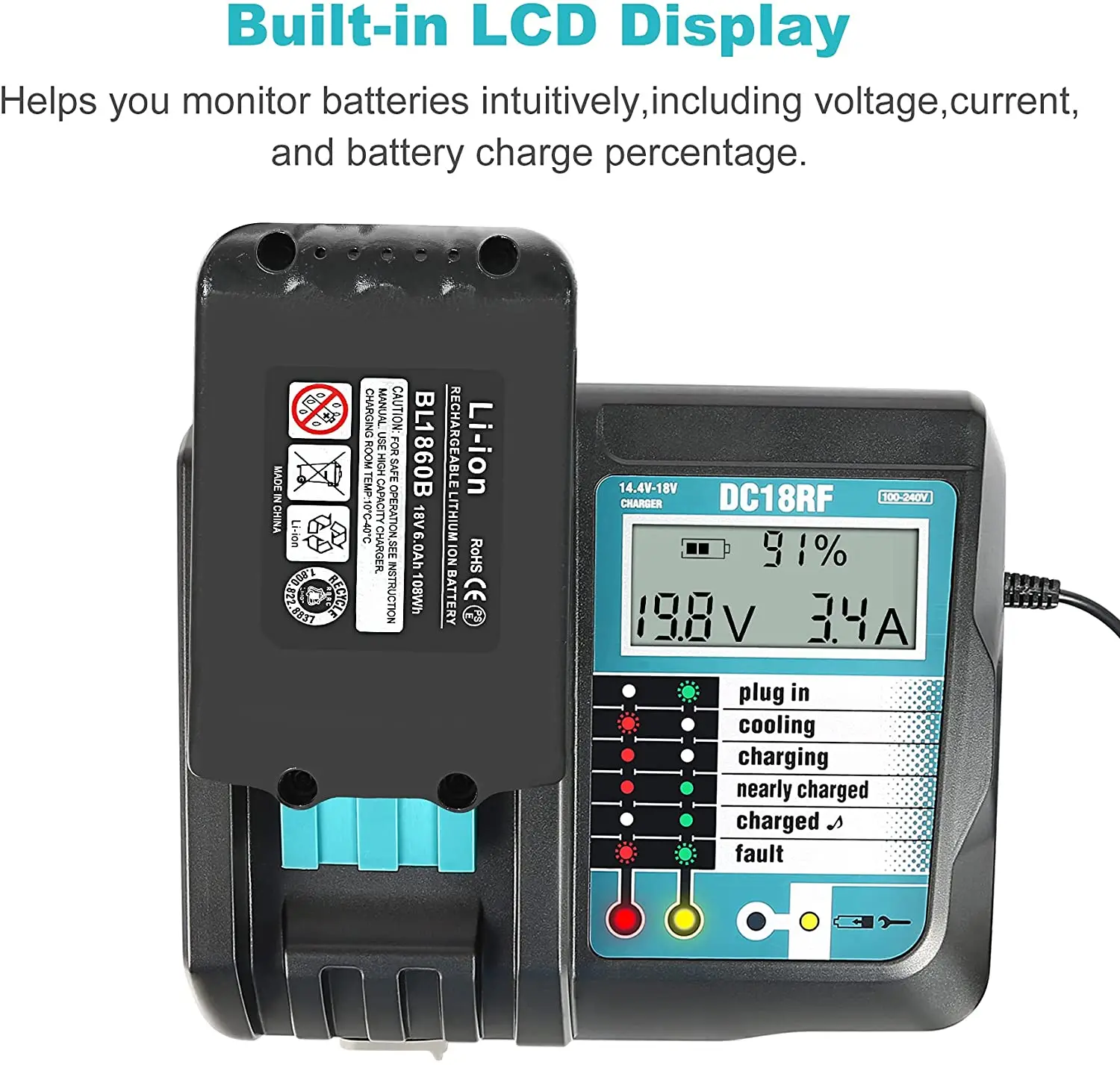 

New DC18RCT Li-ion 3A Battery Charger for Makita 18V 14.4V BL1830 Bl1430 DC18RC DC18RA Power Tool Charging Current EU Plug