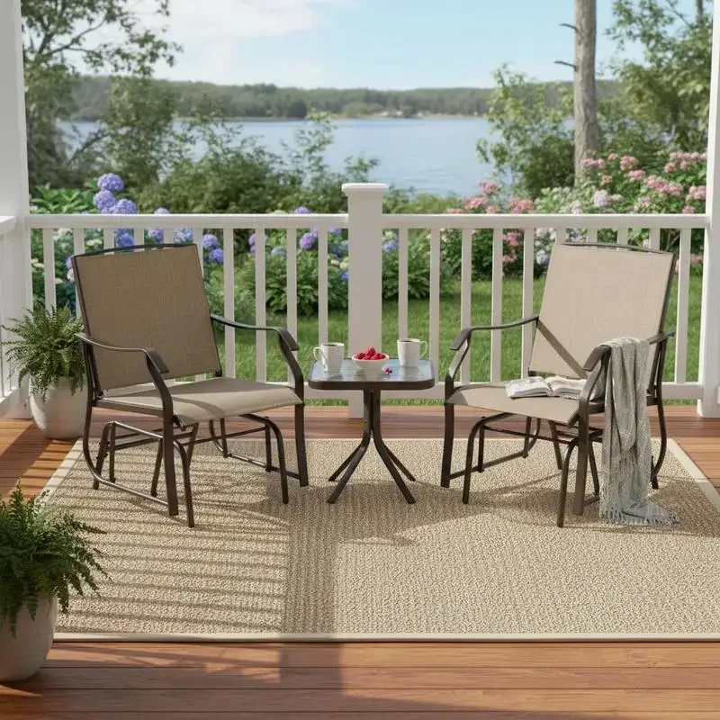3 Piece Outdoor Glider Chair with Coffee Table Bistro Set, 2 Patio Rocking Swing Chairs with Breathable Sling Fabric, Glass Tabletop, for Backyard, Garden and Porch, Mixed Brown